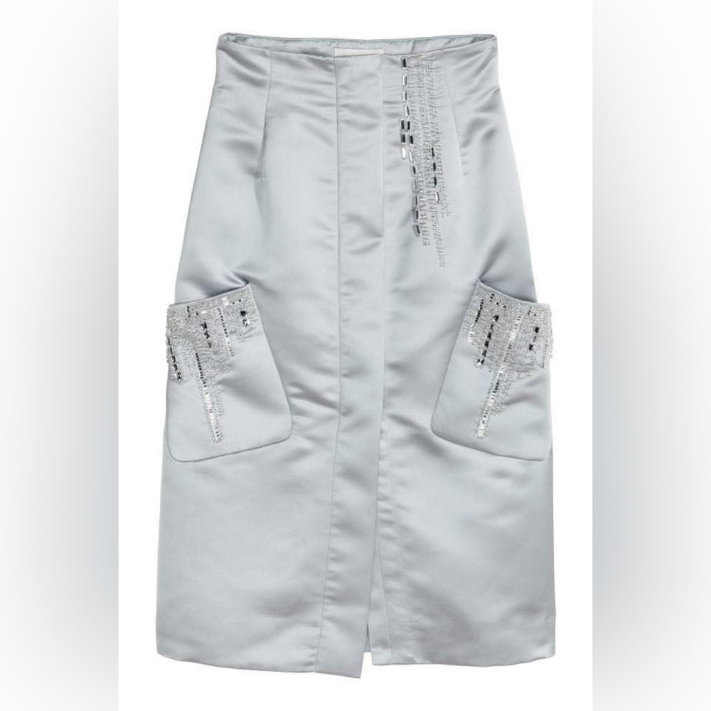 H&M Conscious Exclusive Clear Beads/Gems Silver Satin pencil Skirt